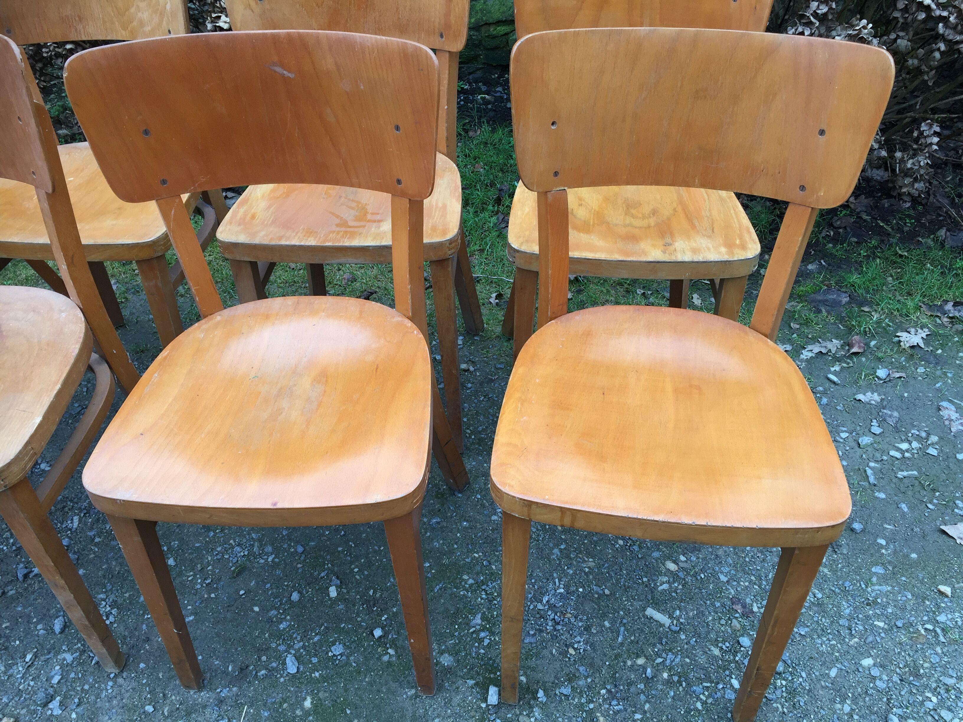 Vintage chairs stamped Thonet in curved beech wood and curved cp backrest.