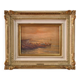 Seascape painting signed by Remo Testa, fishermen at sunset