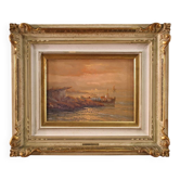 Tableau paysage marin signé par Remo Testa, pêcheurs au coucher du soleil