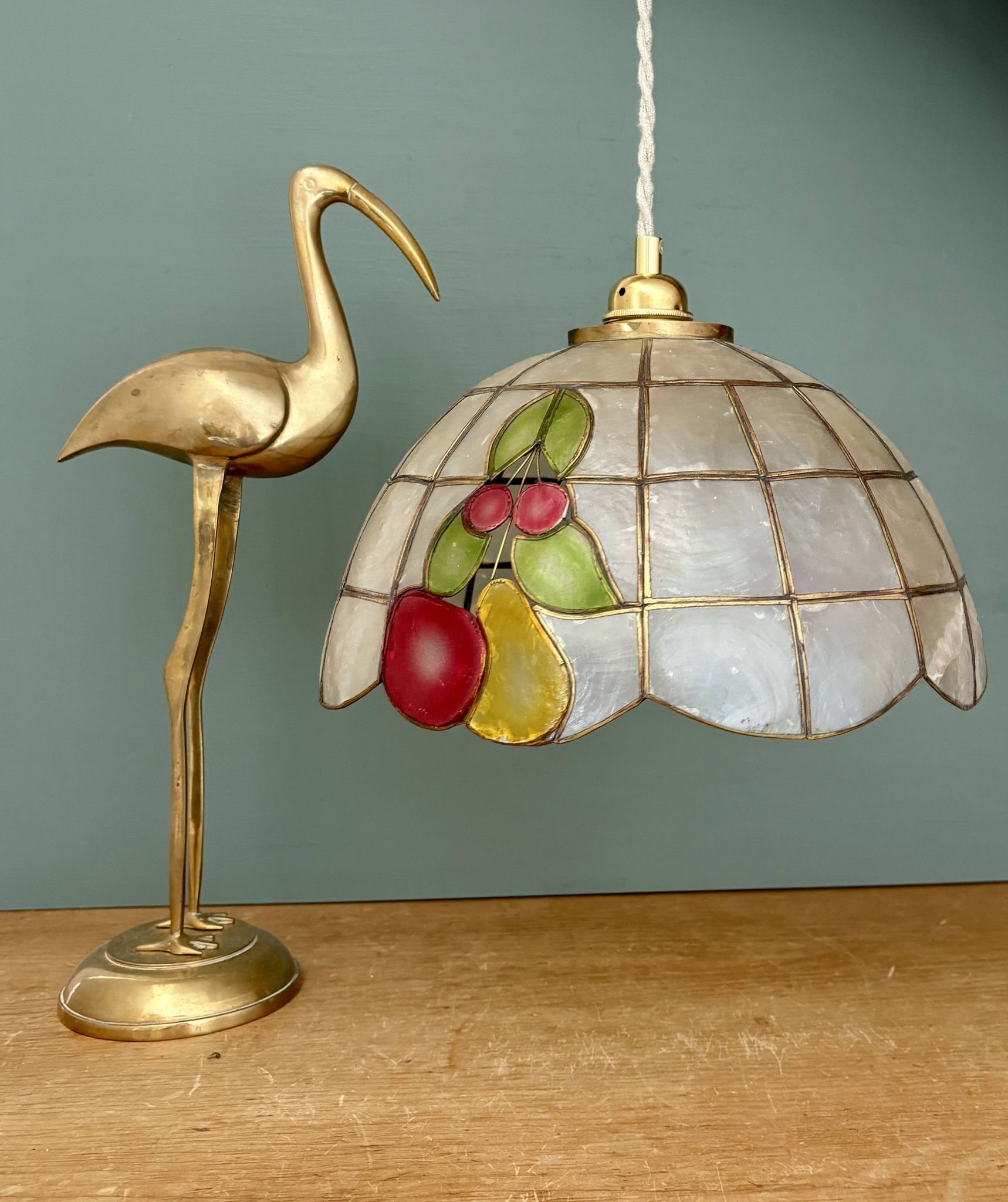 Vintage mother-of-pearl and brass pendant lampshade with fruit decorations