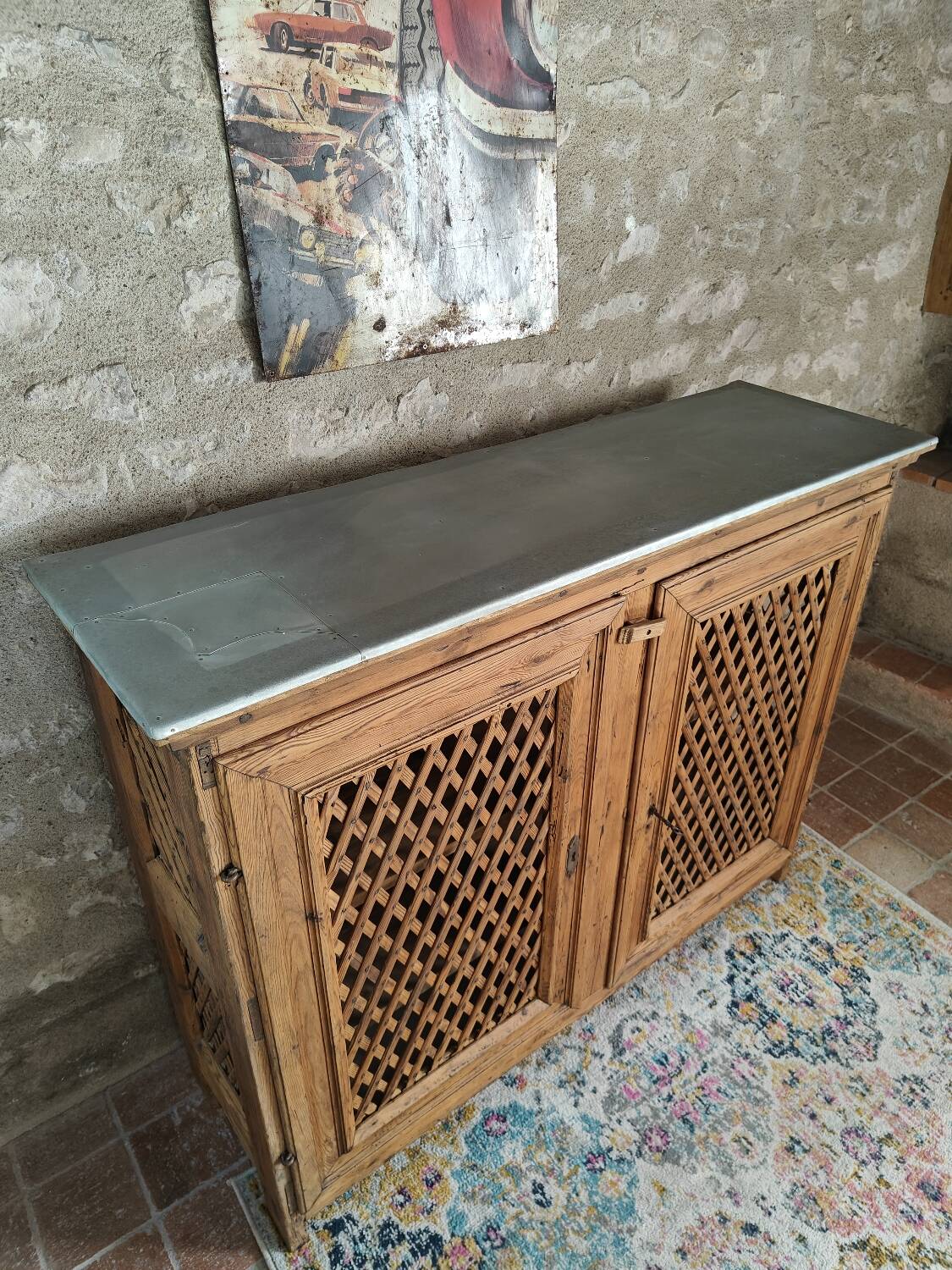 Antique solid pine sideboard with zinc top.