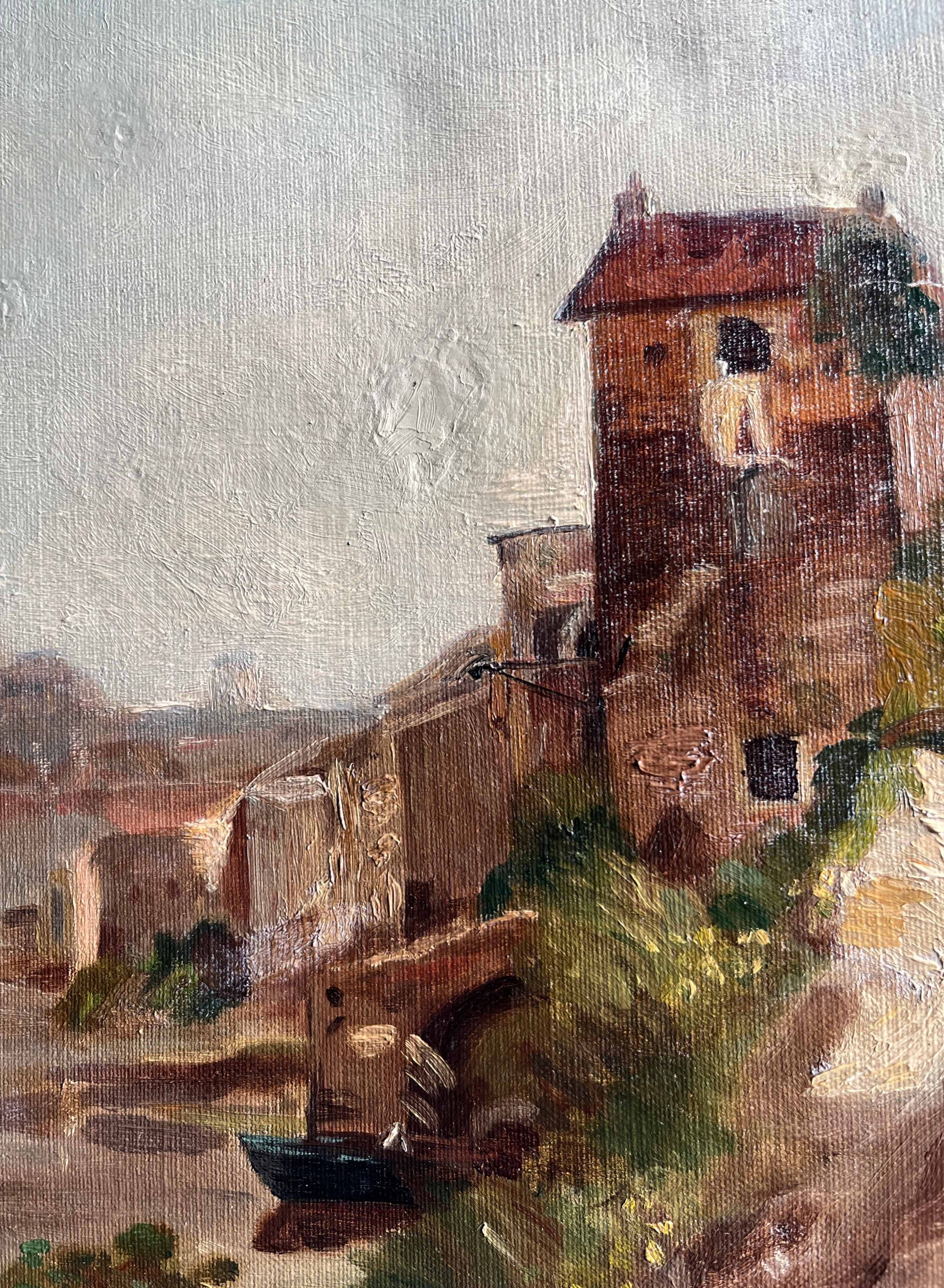 Tableau HST fin XIX° Italie ? Paysage à la rivière signé pour restauration
