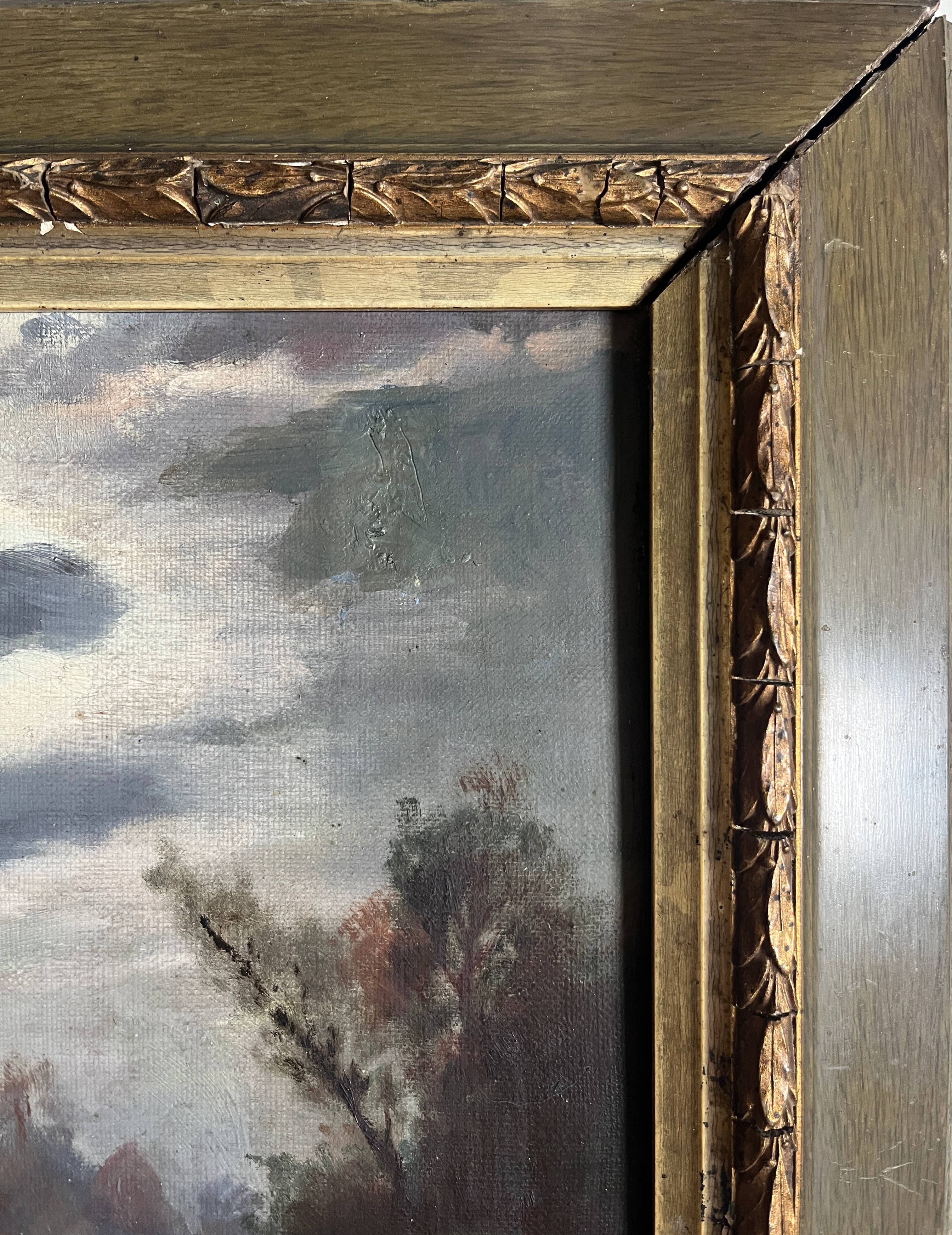 Pendant of HST painting "Landscape in the moonlight" signed + frame circa 1920