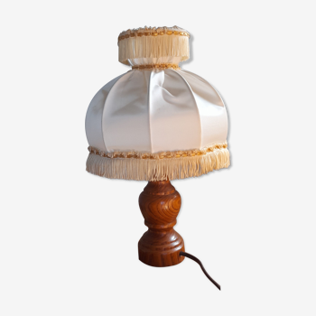 Table lamp foot turned wood, lampshade dome with collar and fringes, 50's years