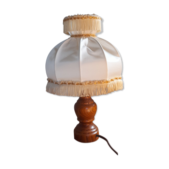 Table lamp foot turned wood, lampshade dome with collar and fringes, 50's years