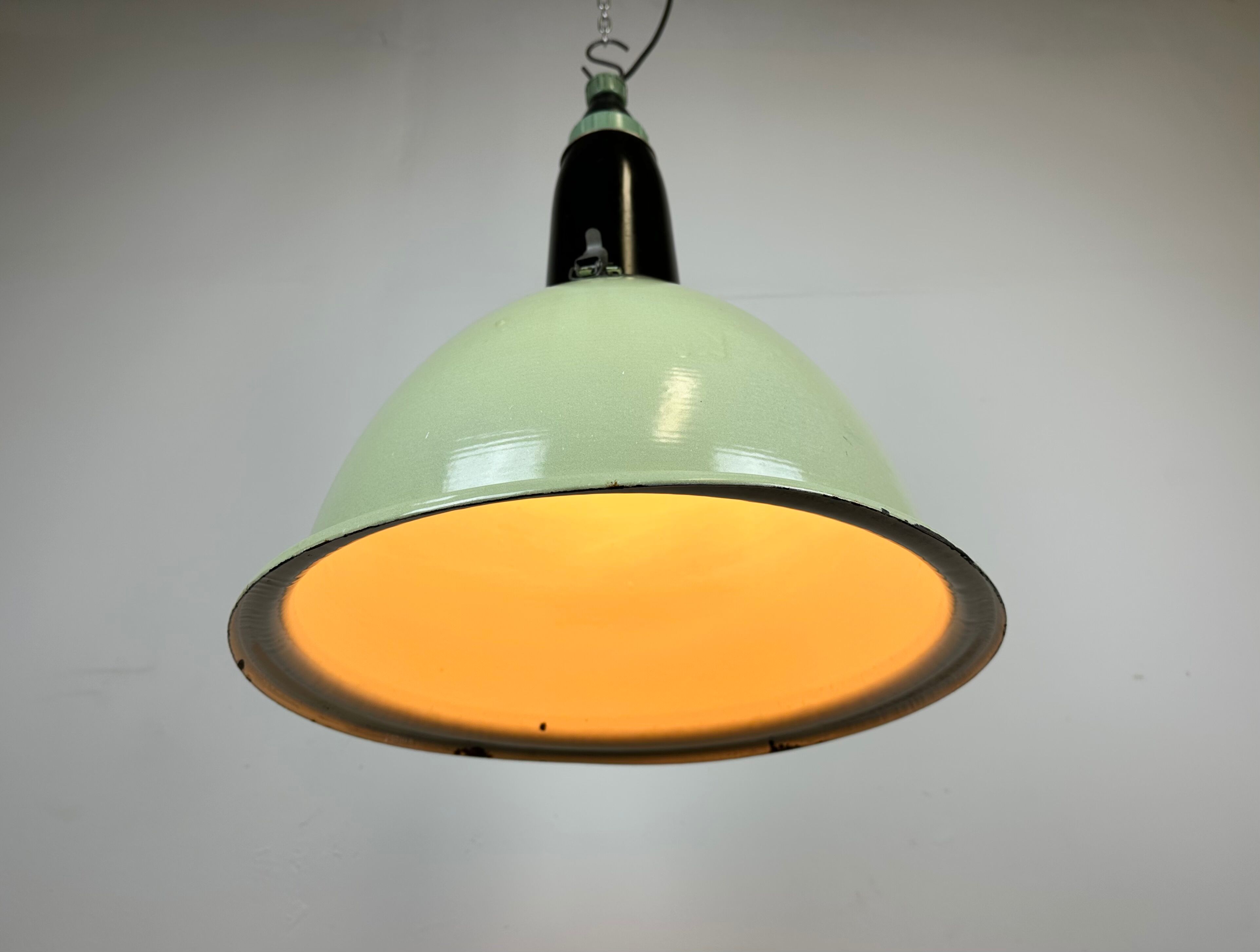 Industrial soviet light green enamel pendant lamp, 1960s