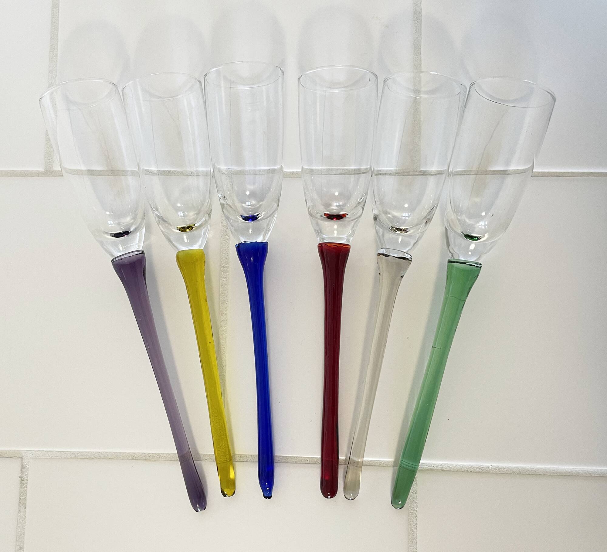 Set of 6 Vintage Champagne Flutes with Stand, German Handblown Glass