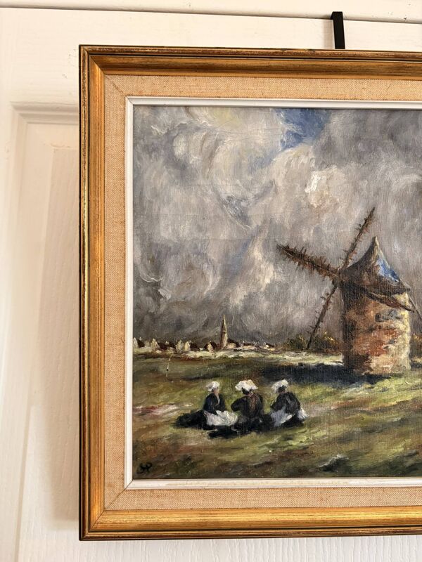 Tableau Peinture Huile Bois Moulin Femme Bigoudène Impressionnisme Courvois