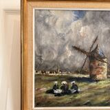 Oil Painting Table Wood Mill Woman Bigouden Impressionism Courvois