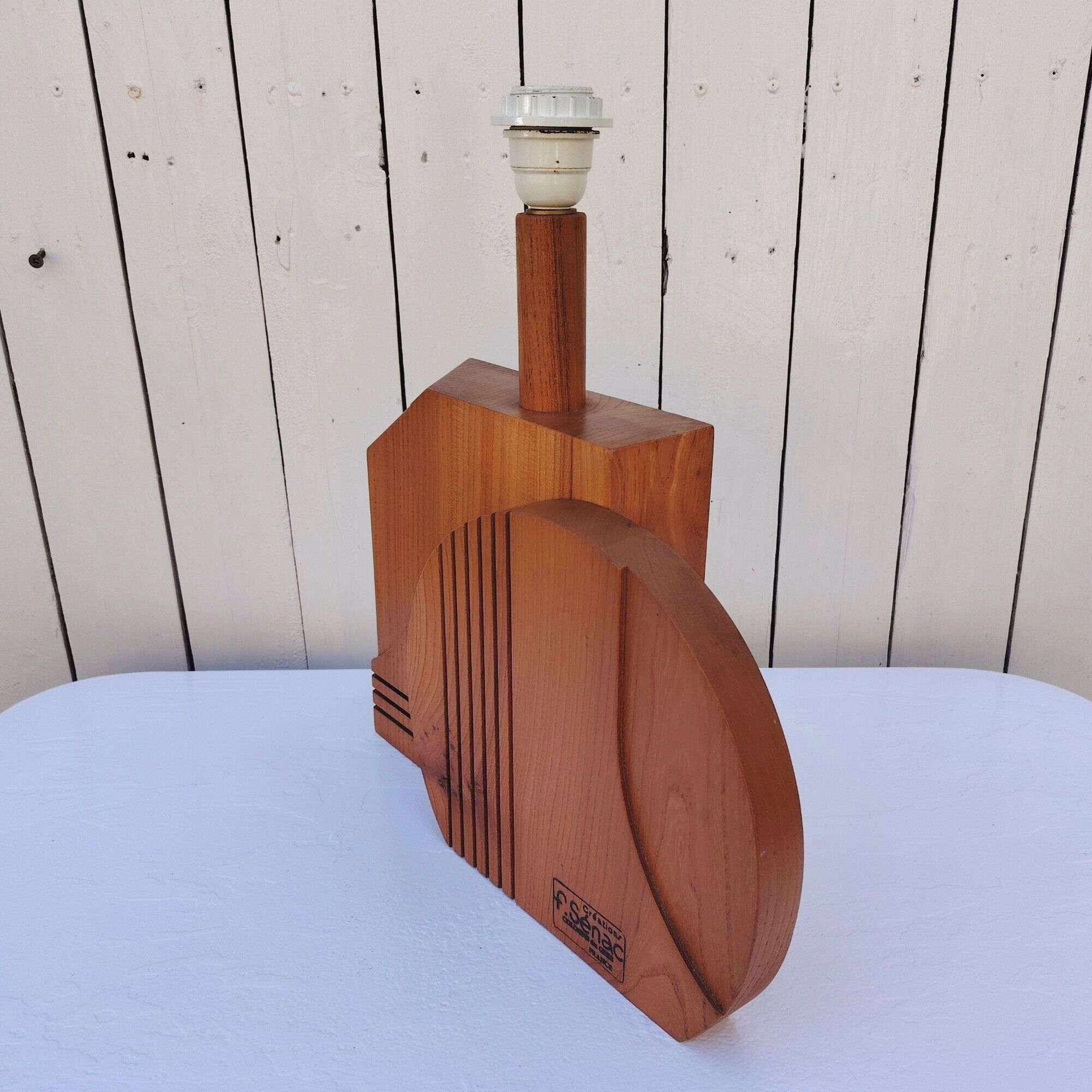 Large wooden lamp, geometric, 1970s design, F. Sénac