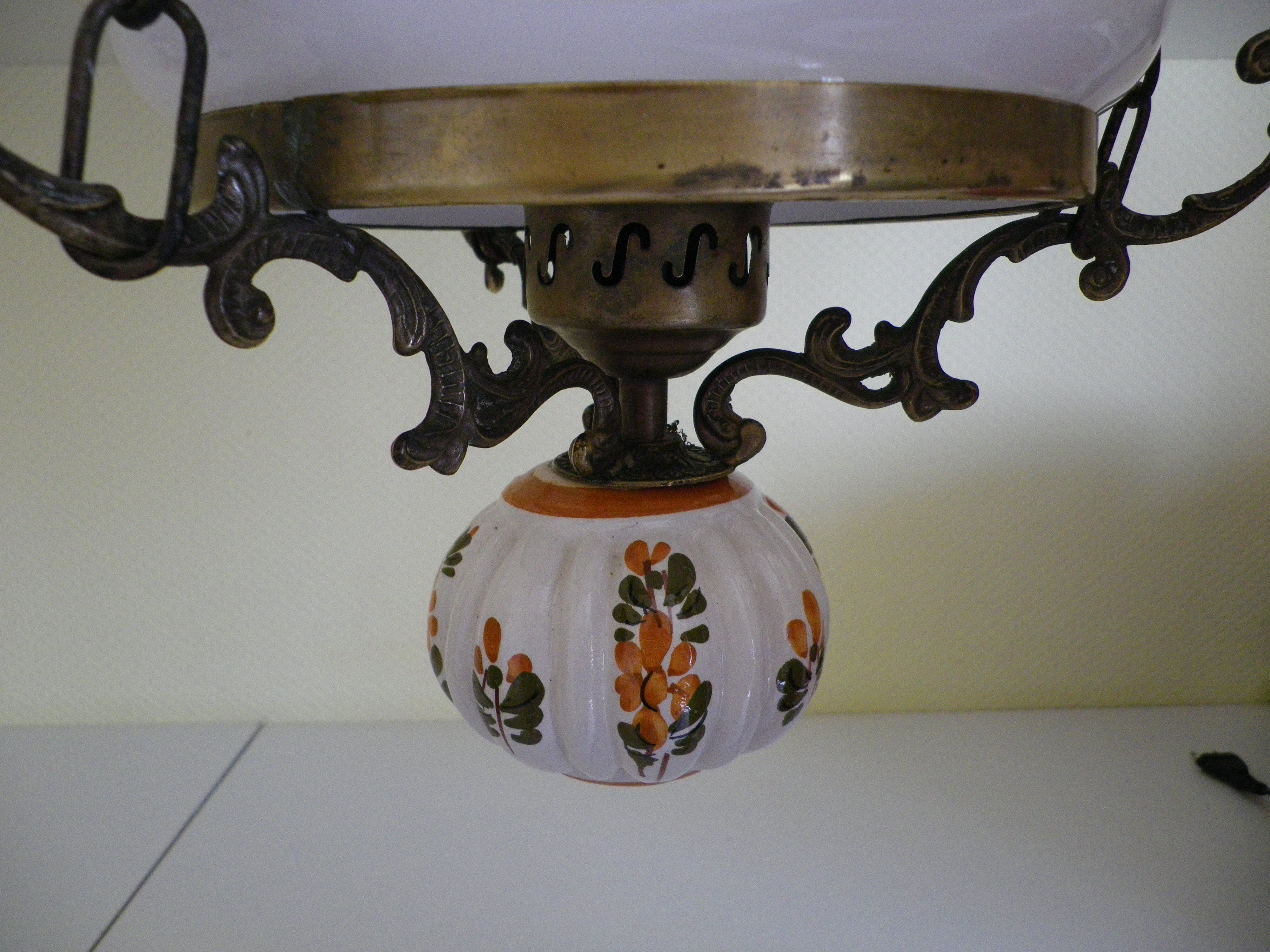 Hanging lamp of the 1950s, white opaline shade and porcelain decoration