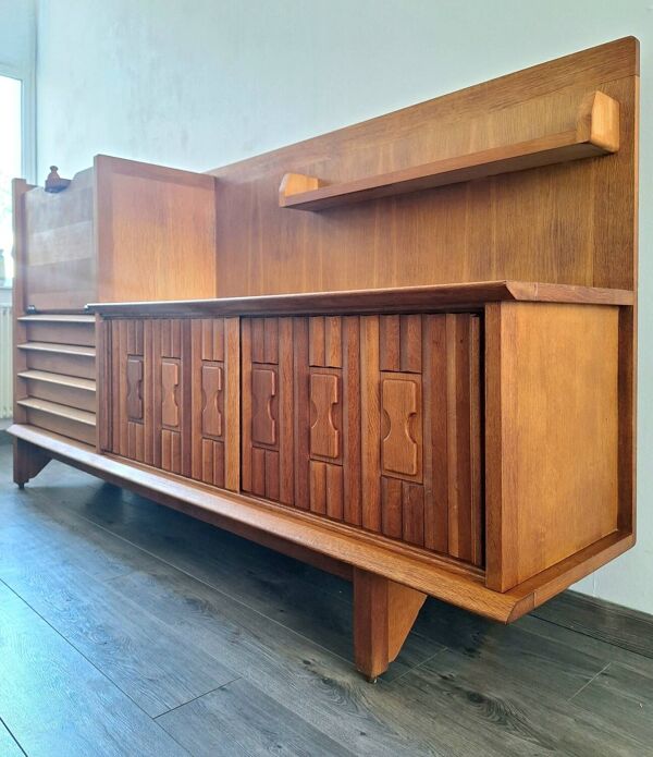 Enfilade haute Guillerme et Chambron, meuble buffet bar, secrétaire vintage