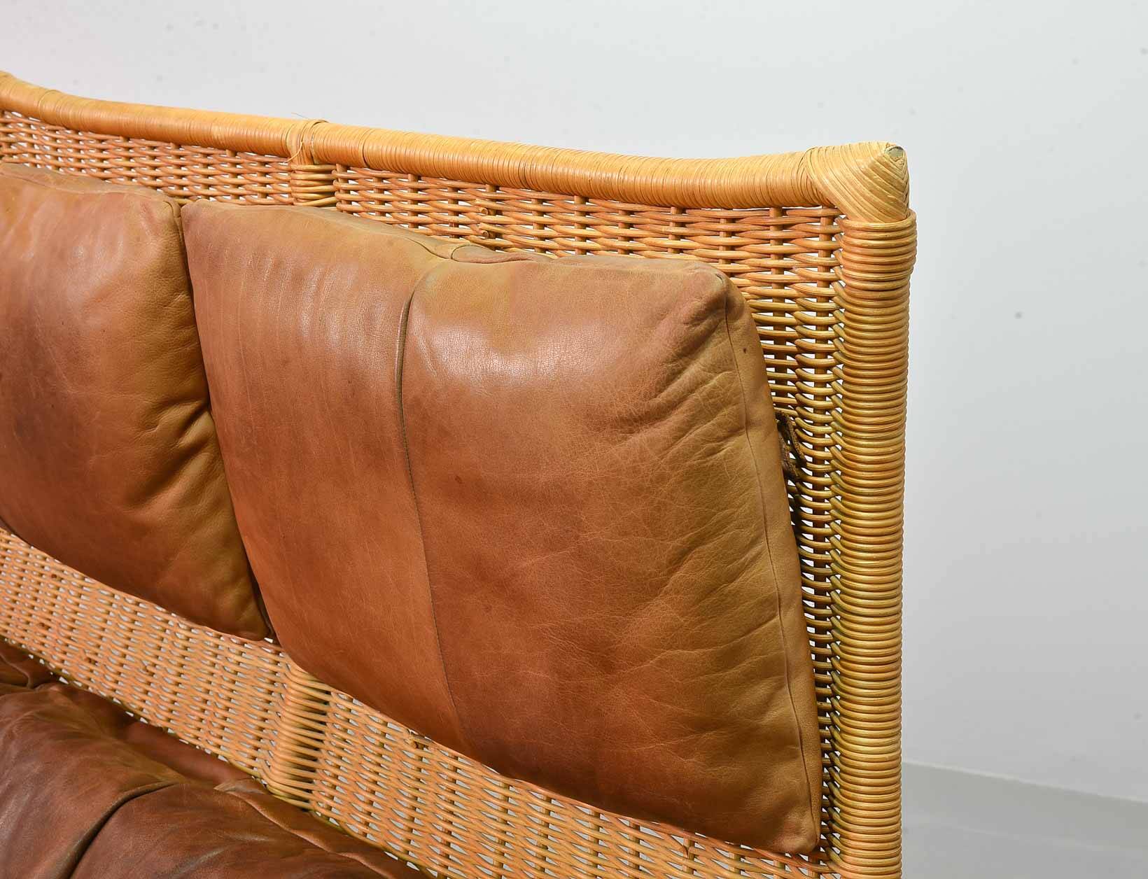 Gerard van de Berg Cognac Patchwork Leather 2-Seat Rockstyle Cane Sofa 70s
