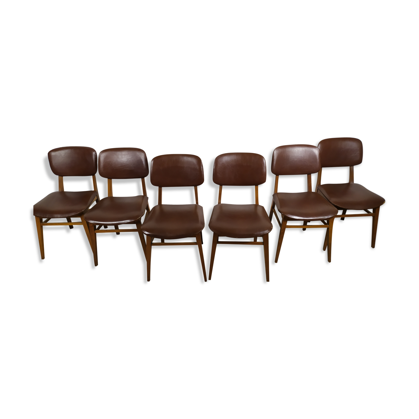 Suite de 6 chaise bois skaï marron brus vintage année 50 - 60