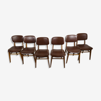 Suite de 6 chaise bois skaï marron brus vintage année 50 - 60