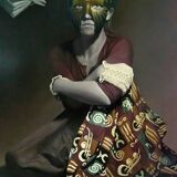 Surrealist painting on panel, “Young Woman with Books”