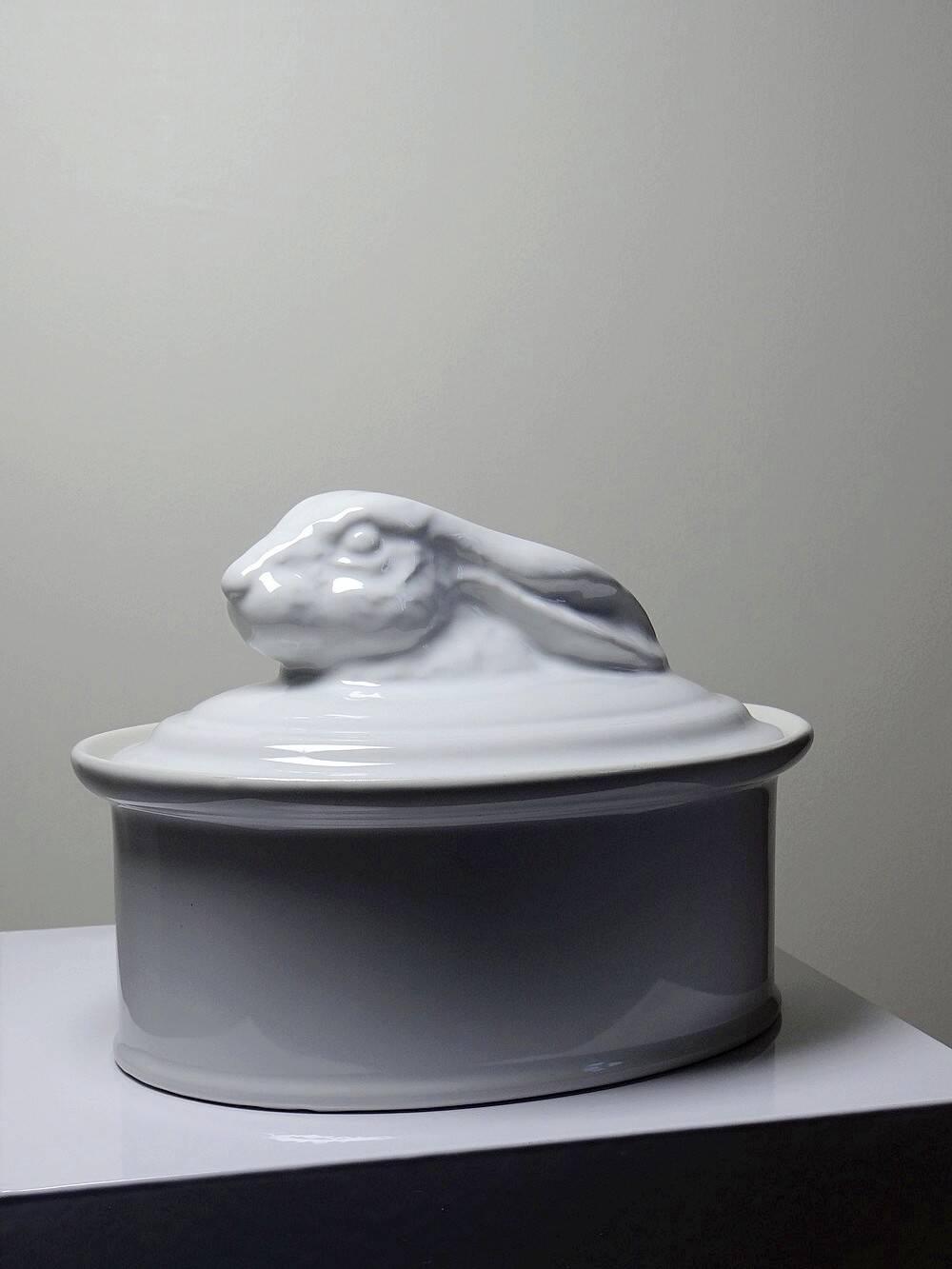 Large vintage white earthenware terrine with hare or rabbit head