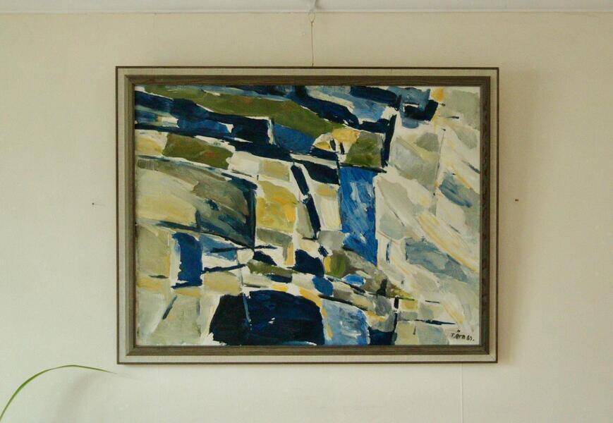 Original mid-century Swedish oil on canvas – “Abstract Composition” by Tryggve Örn – vintage & framed, 52.5 × 67 cm