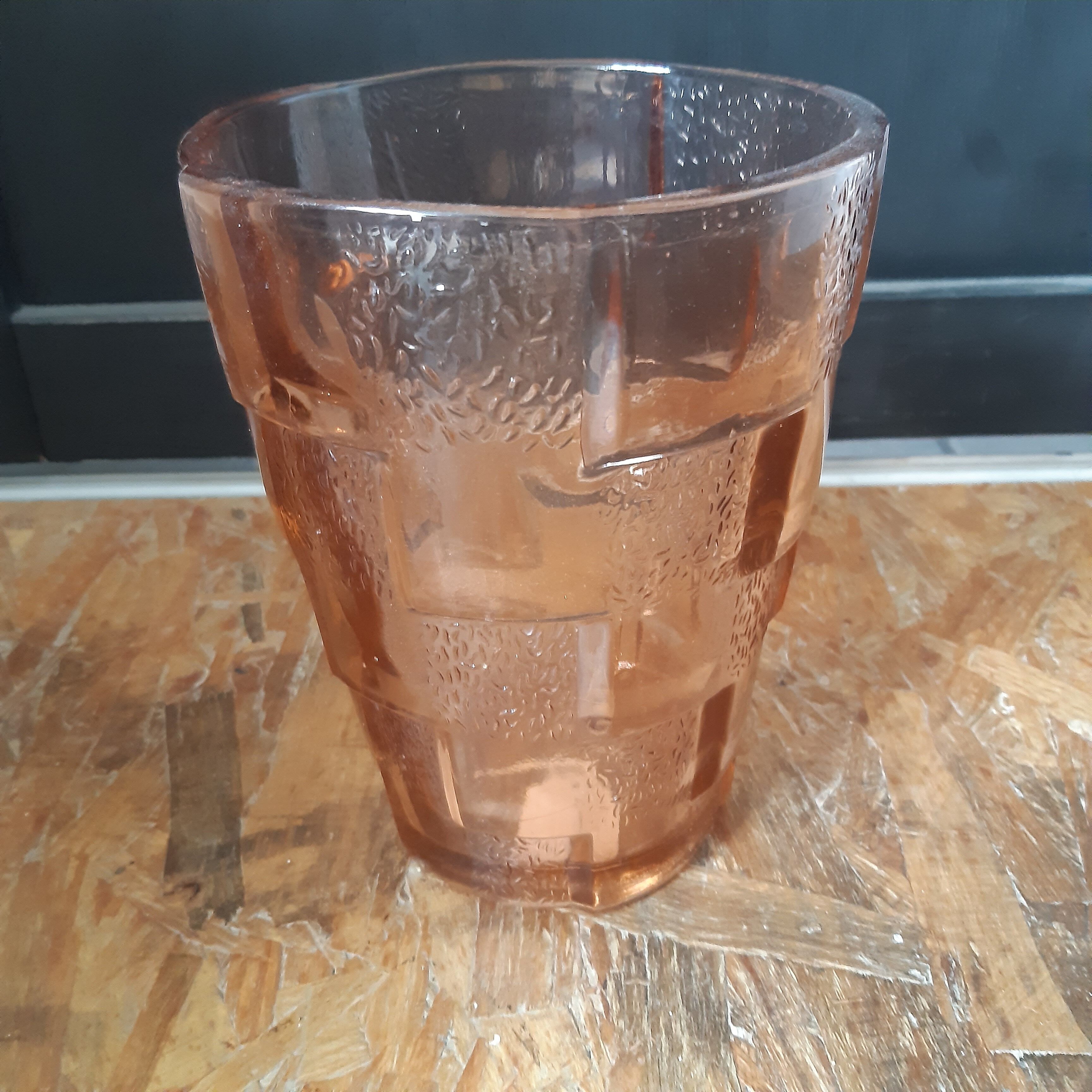 Molded vase, vintage, glass, pink, reliefs, geometric patterns