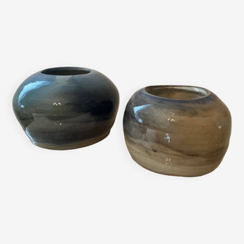 Duo of vintage glazed ceramic vases