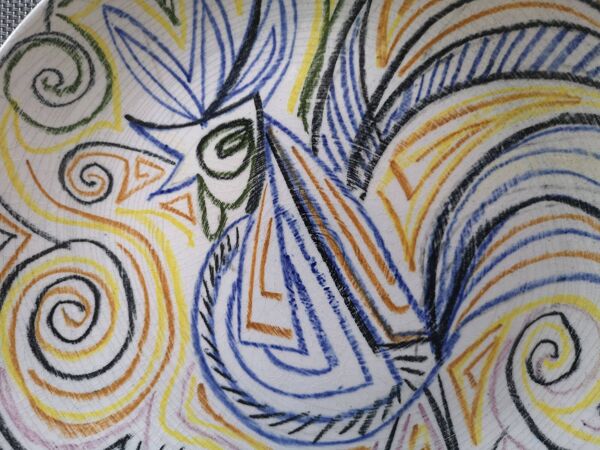 Assiette en céramique craquelée - Motif coq - Années 1960
