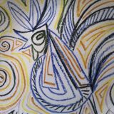 Assiette en céramique craquelée - Motif coq - Années 1960