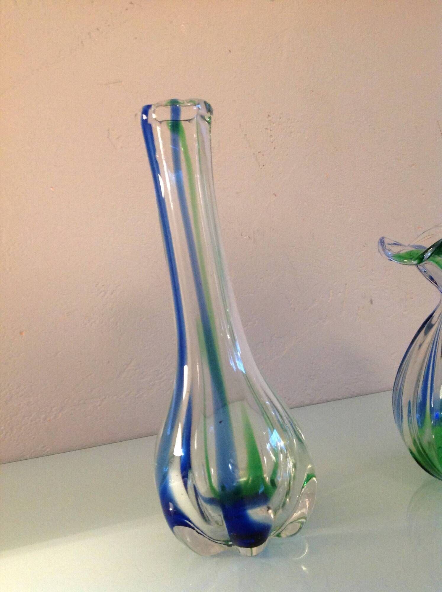 Pair of soliflore vases in polychrome ribbed glass / vintage 60s-70s