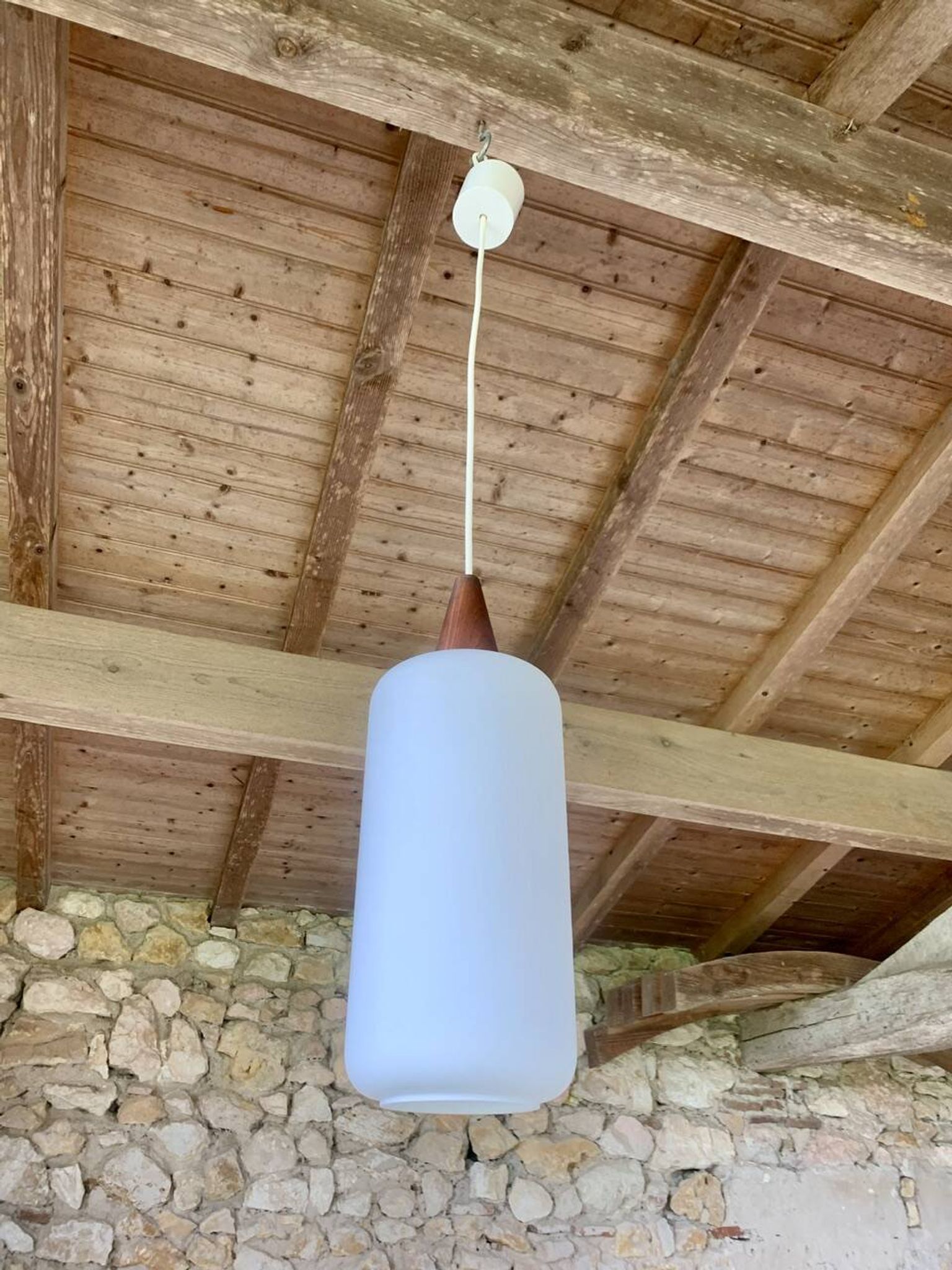 Scandinavian Pendant Lamp in Teak and Opaline, Circa 60´s