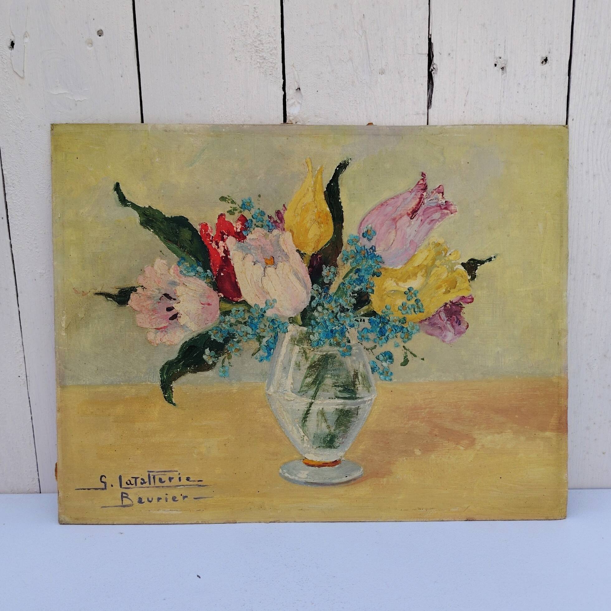 Oil on cardboard Tulips and Forget-me-nots Latallerie-beurier