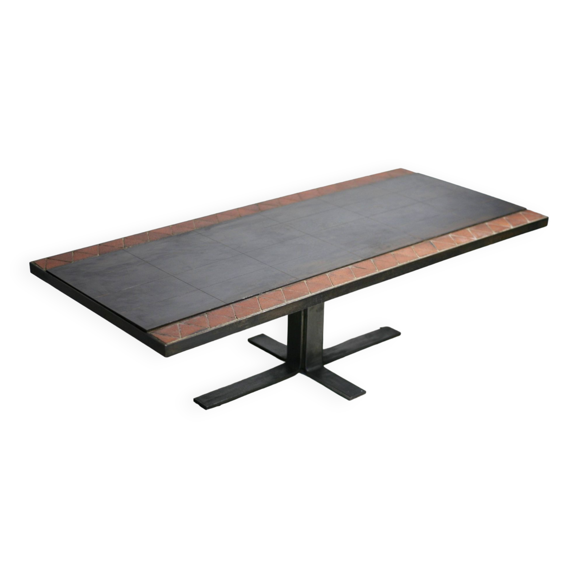 Coffee table, ceramic and steel plates, circa 1960.