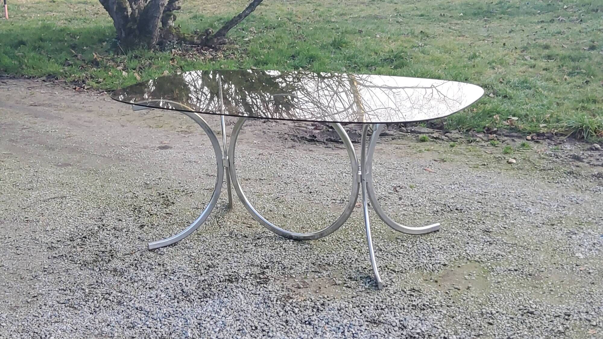Designer table from the 70s, smoked glass top, chrome base