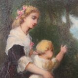 Jean-Baptiste Fouque (1819 - 1880) "Stroll in the Garden" oil on panel