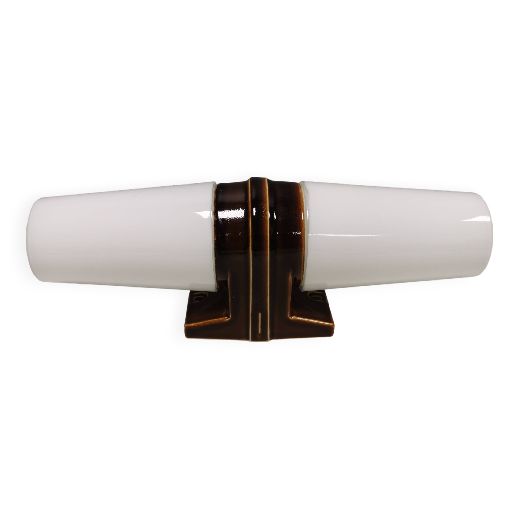 Old bathroom lamp with brown/golden ceramic base, porcelain socket and milky white glass