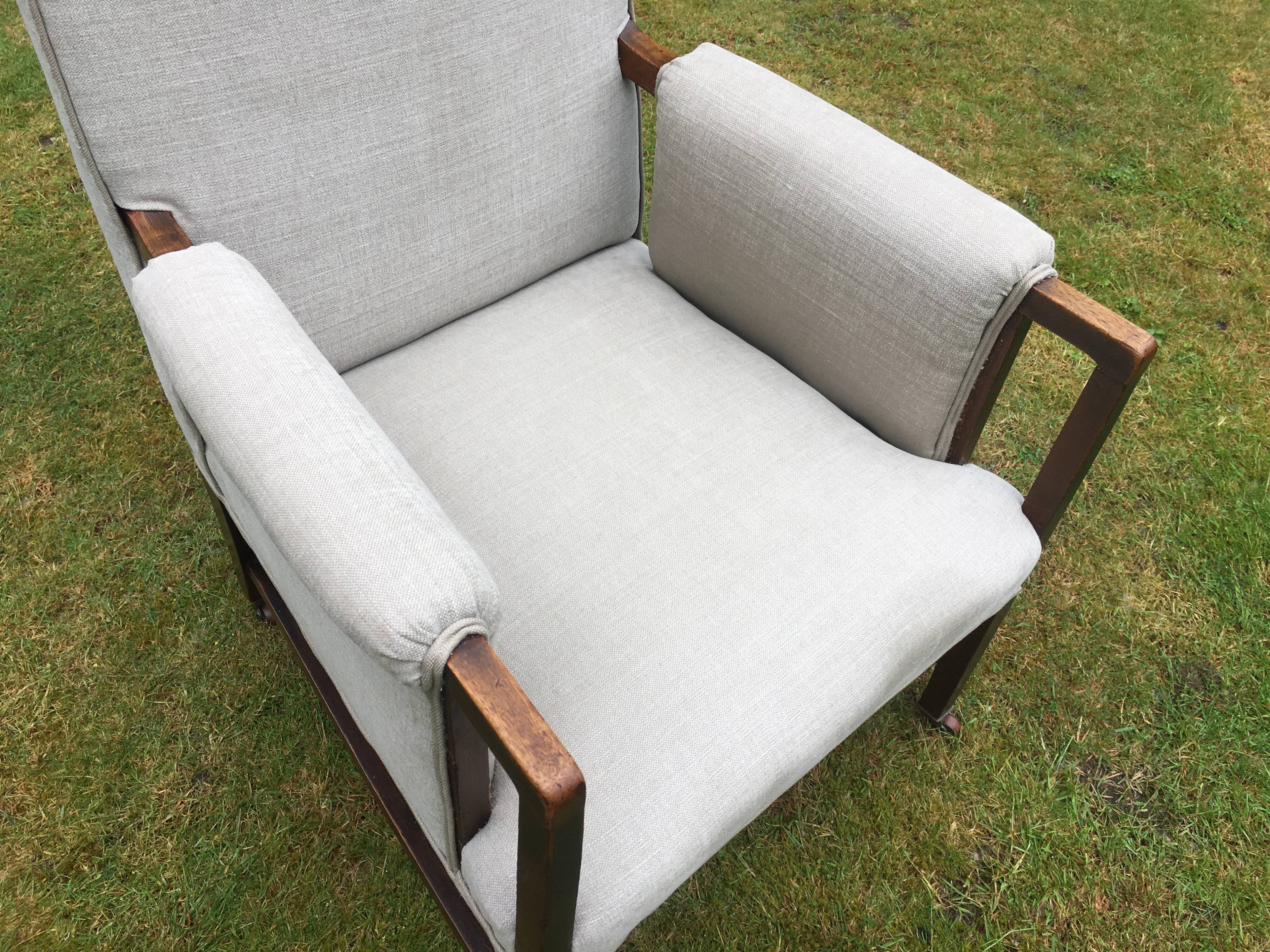 Vintage Antique Oak Reupholstered Armchair On Castors in Beige
