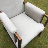 Vintage Antique Oak Reupholstered Armchair On Castors in Beige