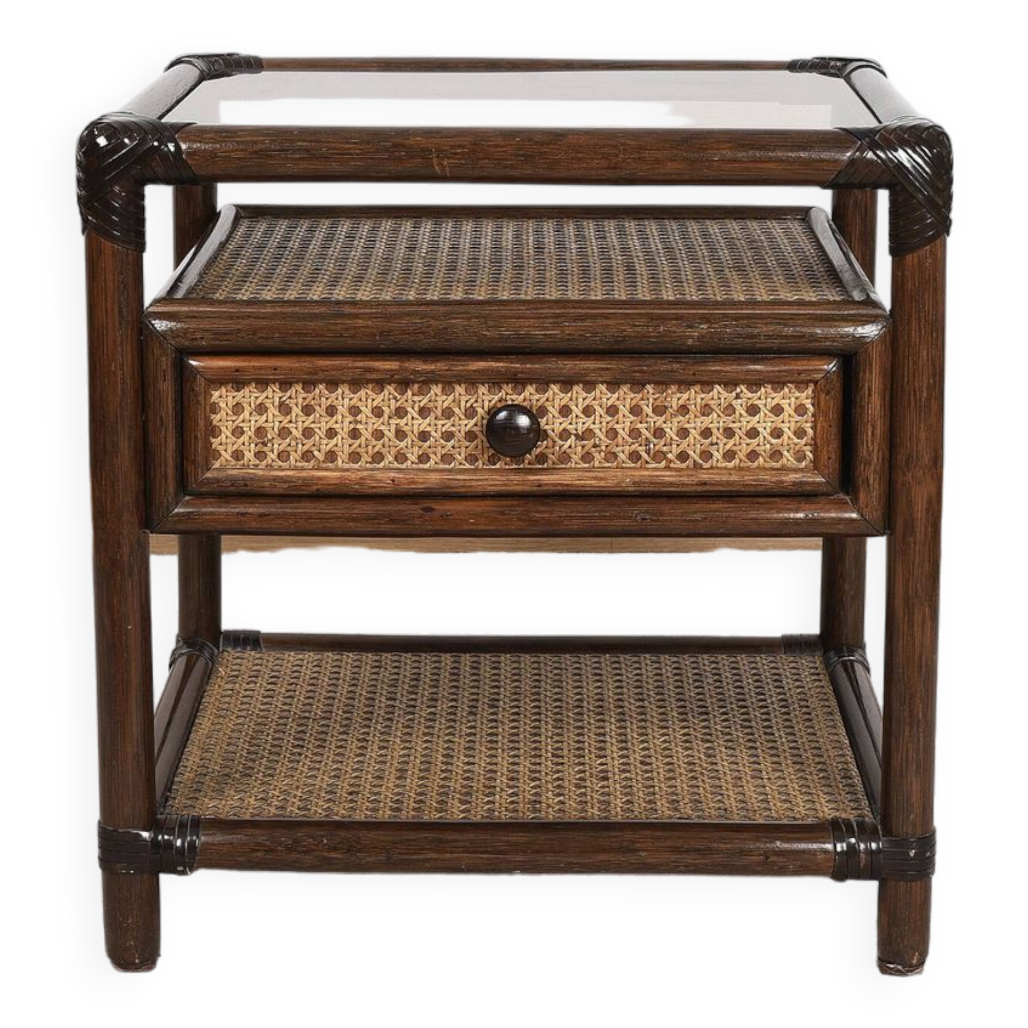 Rattan and cane bedside table, smoked glass top