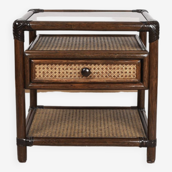 Rattan and cane bedside table, smoked glass top