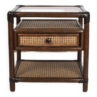 Rattan and cane bedside table, smoked glass top