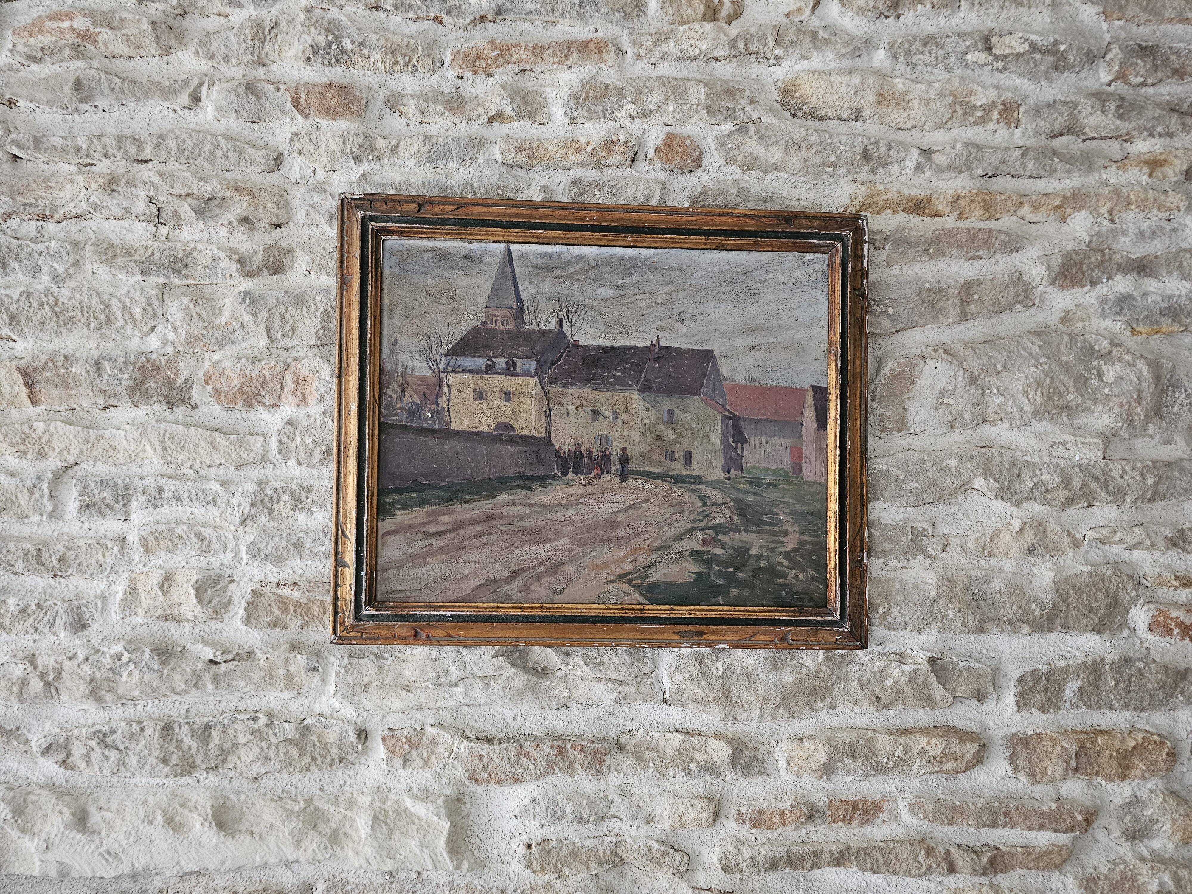 Oil on Panel Painting Animated Landscape Village Signed Gaëtan MONTAGNEY 1888