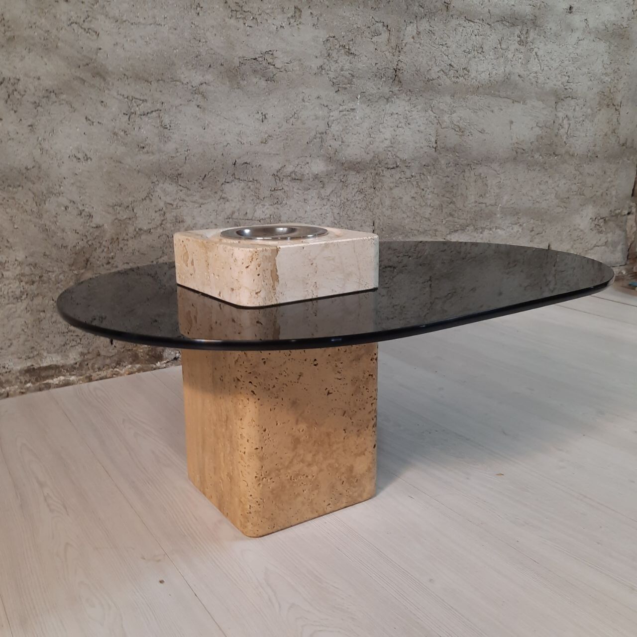 Coffee table with tray - travertine and glass - vintage.