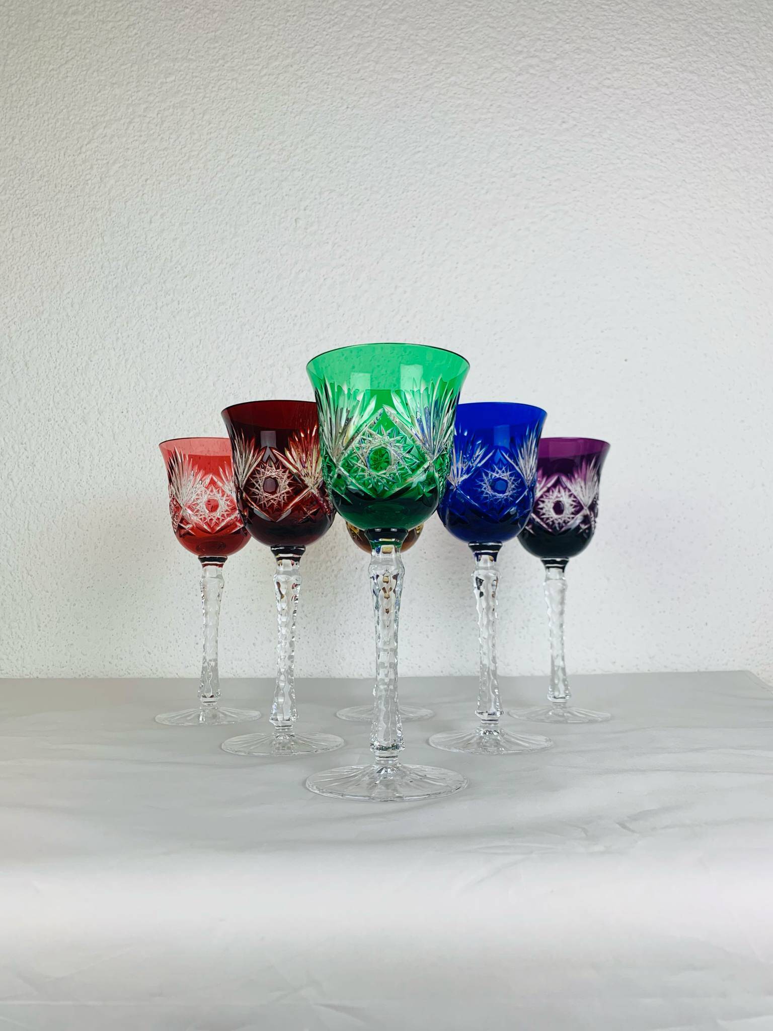 6 handmade crystal stemmed glasses from Lorraine, multi-colored