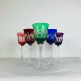 6 handmade crystal stemmed glasses from Lorraine, multi-colored