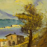 Italian lake view signed painting oil on canvas