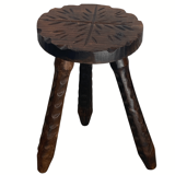 Brutalist carved tripod milking stool, 1950s