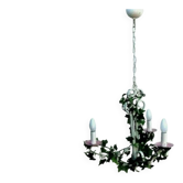 Antique chandelier Maison Delmas white wrought iron / decorated with artificial ivy