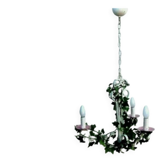 Antique chandelier Maison Delmas white wrought iron / decorated with artificial ivy