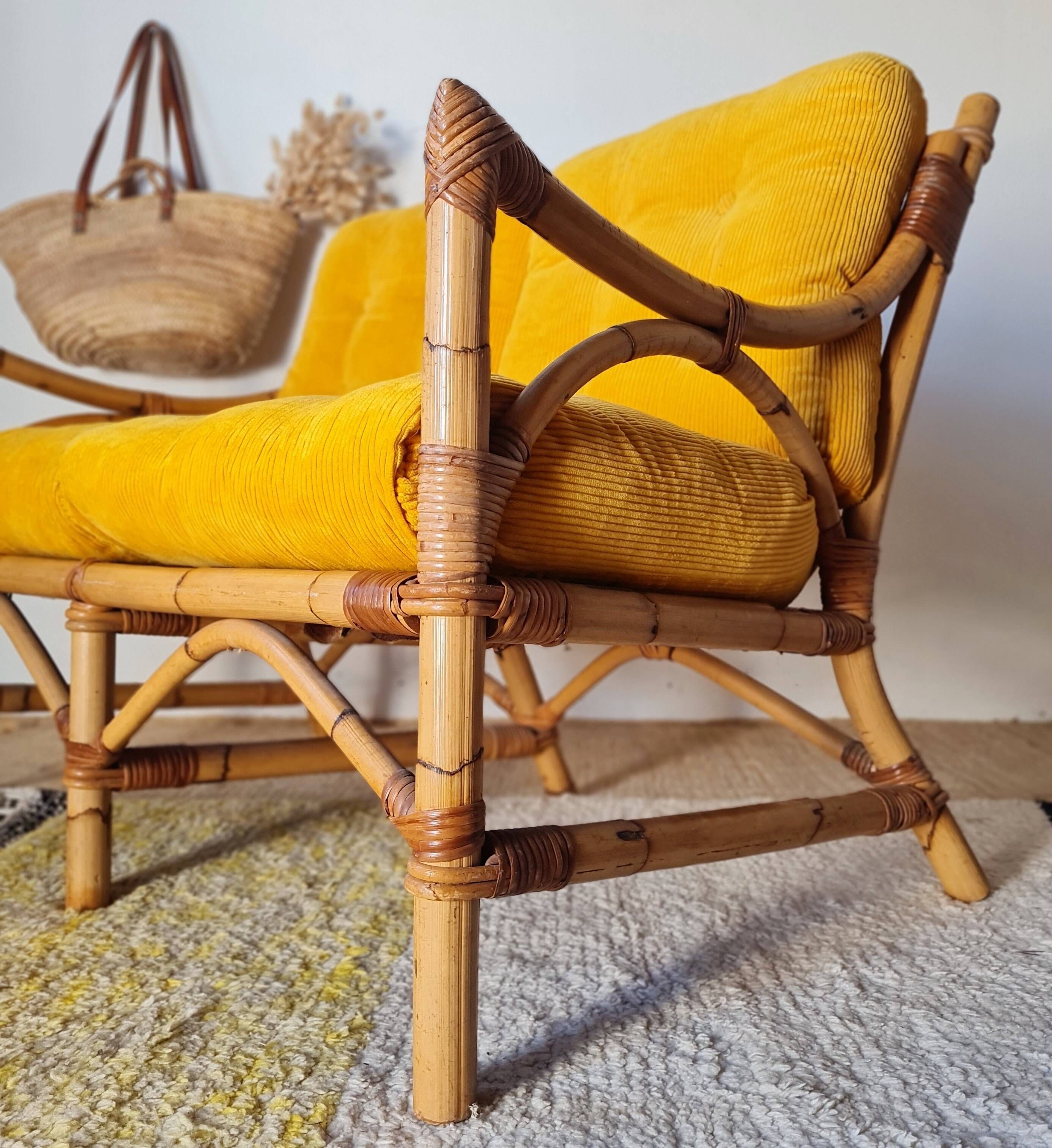 1960s rattan bench - yellow velvet