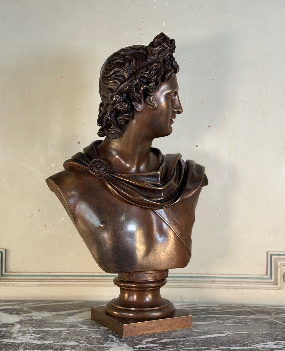 Bronze patina bust medal, Apollo of the Belvedere, bronzier Luppens, 19th century