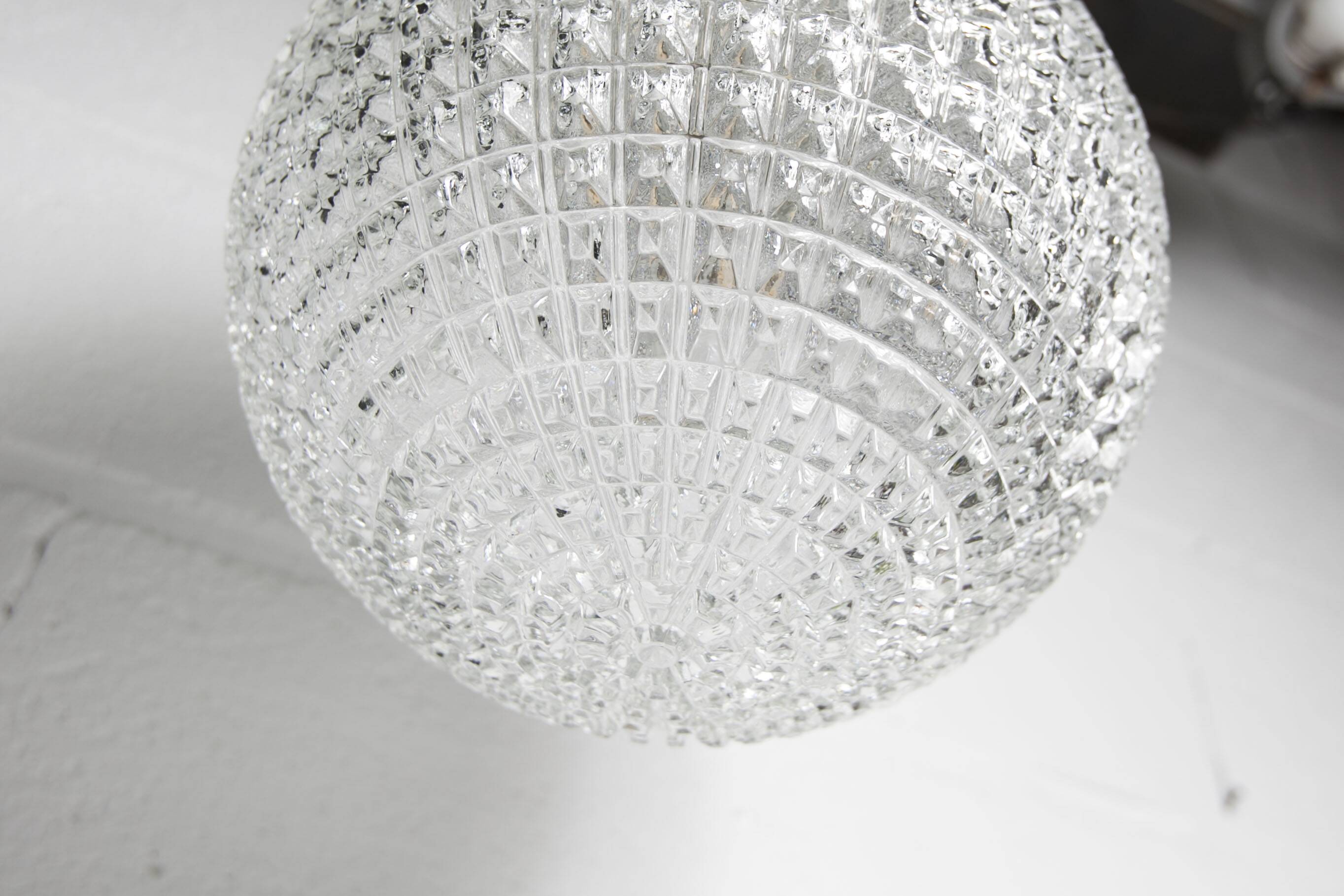 1960s Holophane Ball Pendant Chandelier, Thick Glass, 30 cm, and Vintage Brass