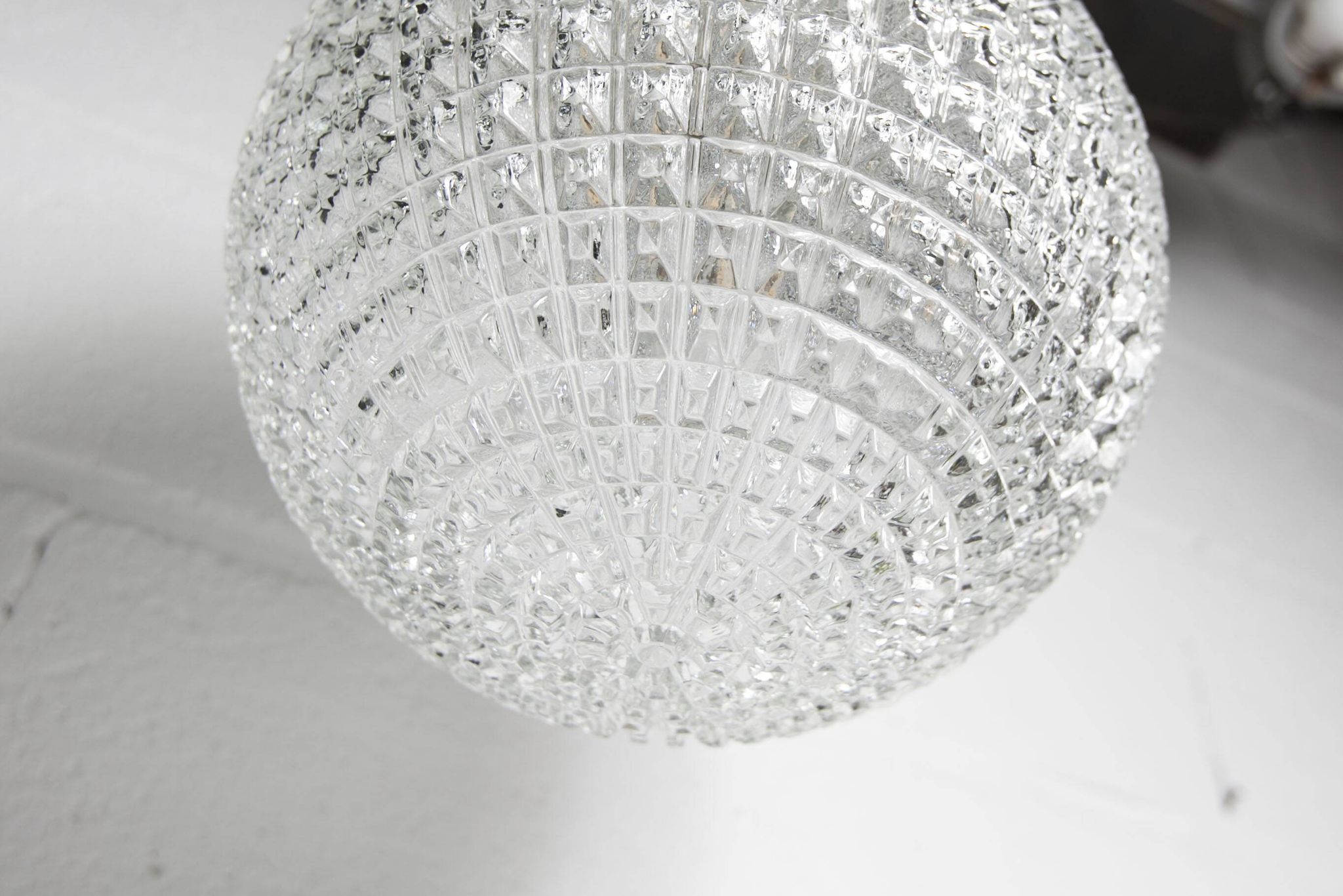 1960s Holophane Ball Pendant Chandelier, Thick Glass, 30 cm, and Vintage Brass